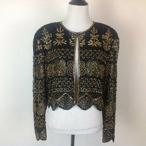Vintage Tan Chho Evening Jacket 80’s Beaded Silk Gold Womens Medium